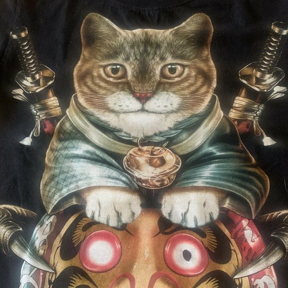 Caballo Cat Print T-Shirt Samurai Small Black - Picture 2 of 5